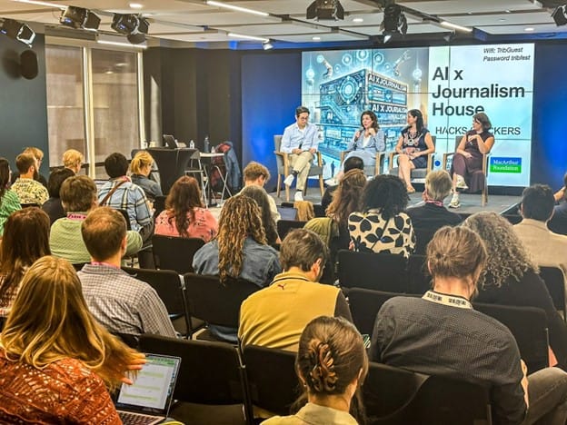 Paul Cheung moderates a panel with Aimiee Rinehart (AP), Rubina Fillion (NYT) and Elin Wieslander (Aftonbladet). Photo by Nevin Thompson.